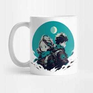 A couple of people sitting next to each other, anime art Mug